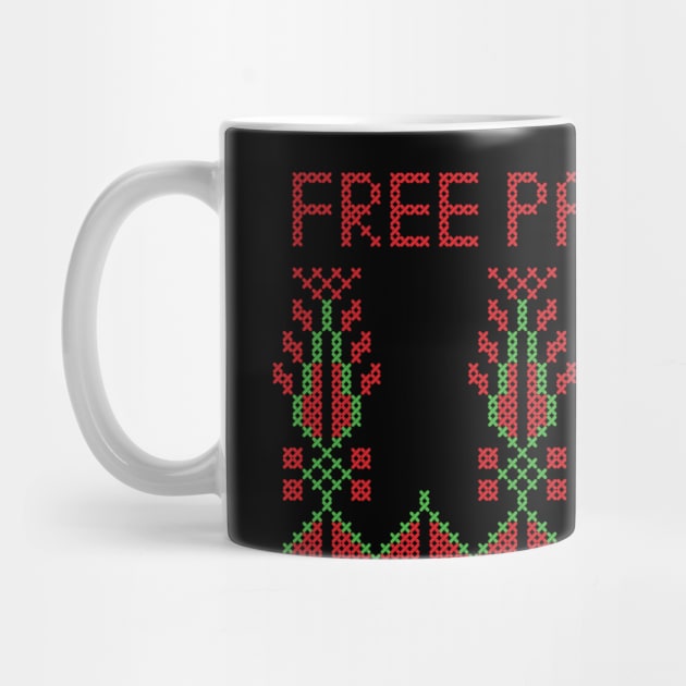 Realistic Palestinian Tatreez Embroidery Pattern Design Free Palestine Quote red-grn by QualiTshirt